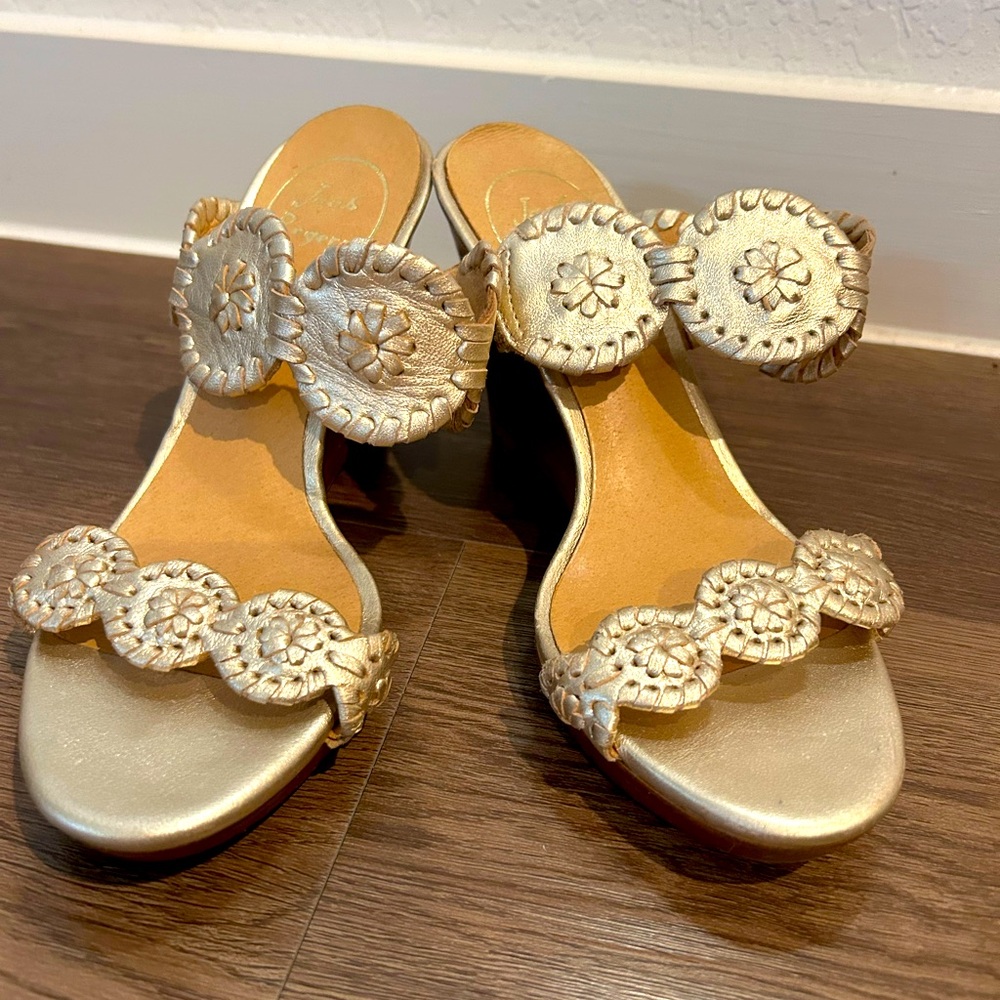 Jack Rogers Gold and Tan Wedge Sandals with Medallion Design